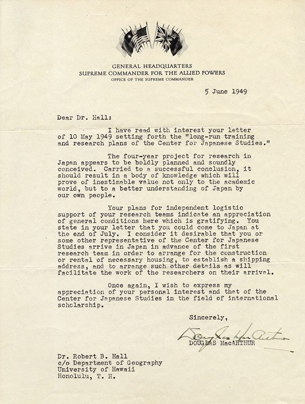 A photo of General MacArthur's Letter to CJS Director Robert Hall